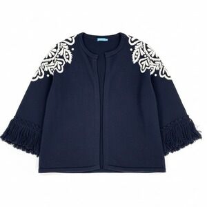 J McLaughlin Cotton Knit Open Cardigan Embroidered Fringe Navy Blue Trim S